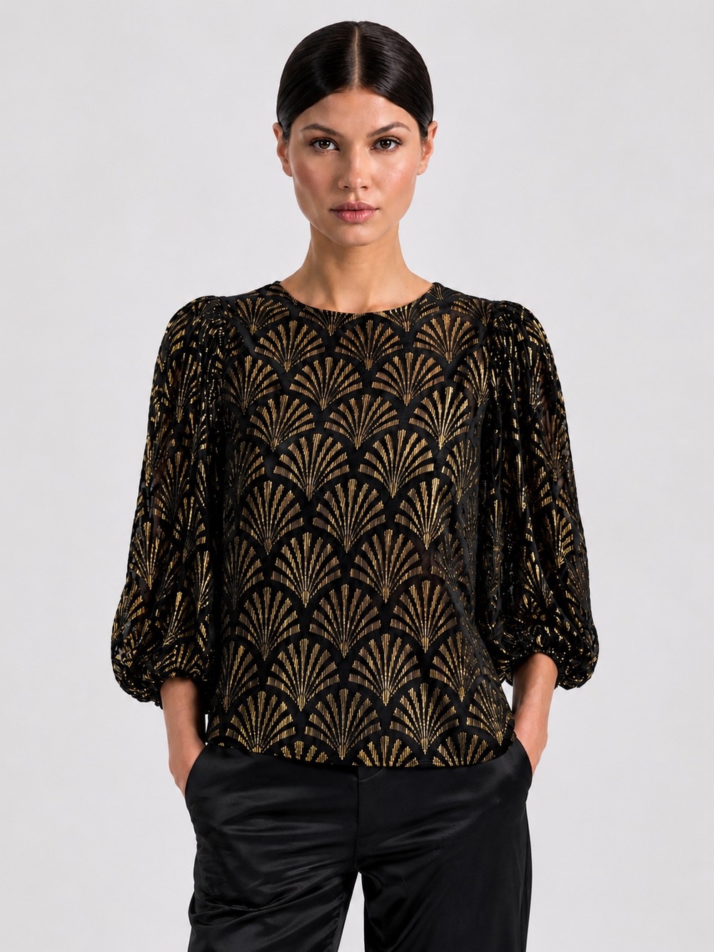 Alice + Olivia Black Velvet Metallic Art Deco Burnout Blouse Size S